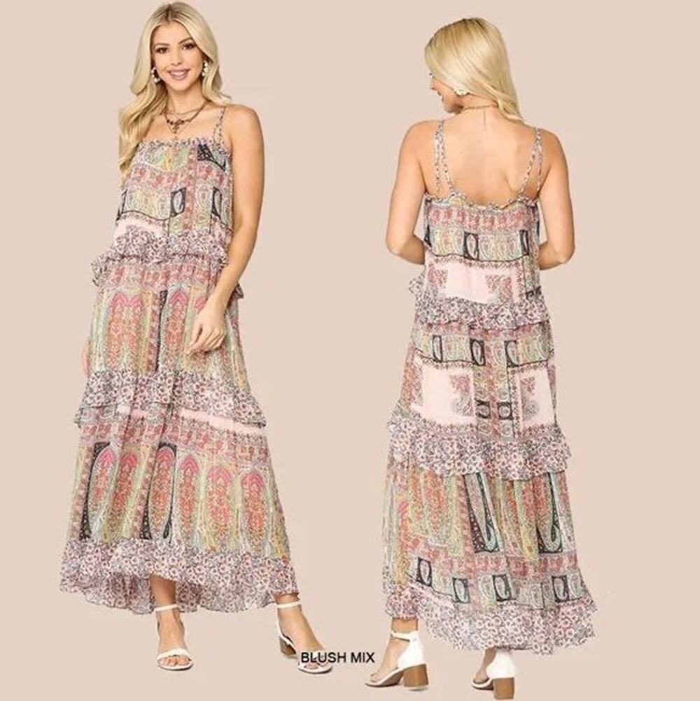 GiGiO Womens Floral Paisley Tiered Maxi Dress Size L Wedding Guest Boho Cottage